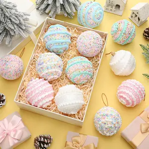 18 Pcs Candy Christmas Ornaments Pastel Peppermint Christmas Tree Ball Ornament Set Macaron Shatterproof Glitter Foam Balls Xmas Tree Hanging Decor for Xmas New Year Birthday Party Supplies