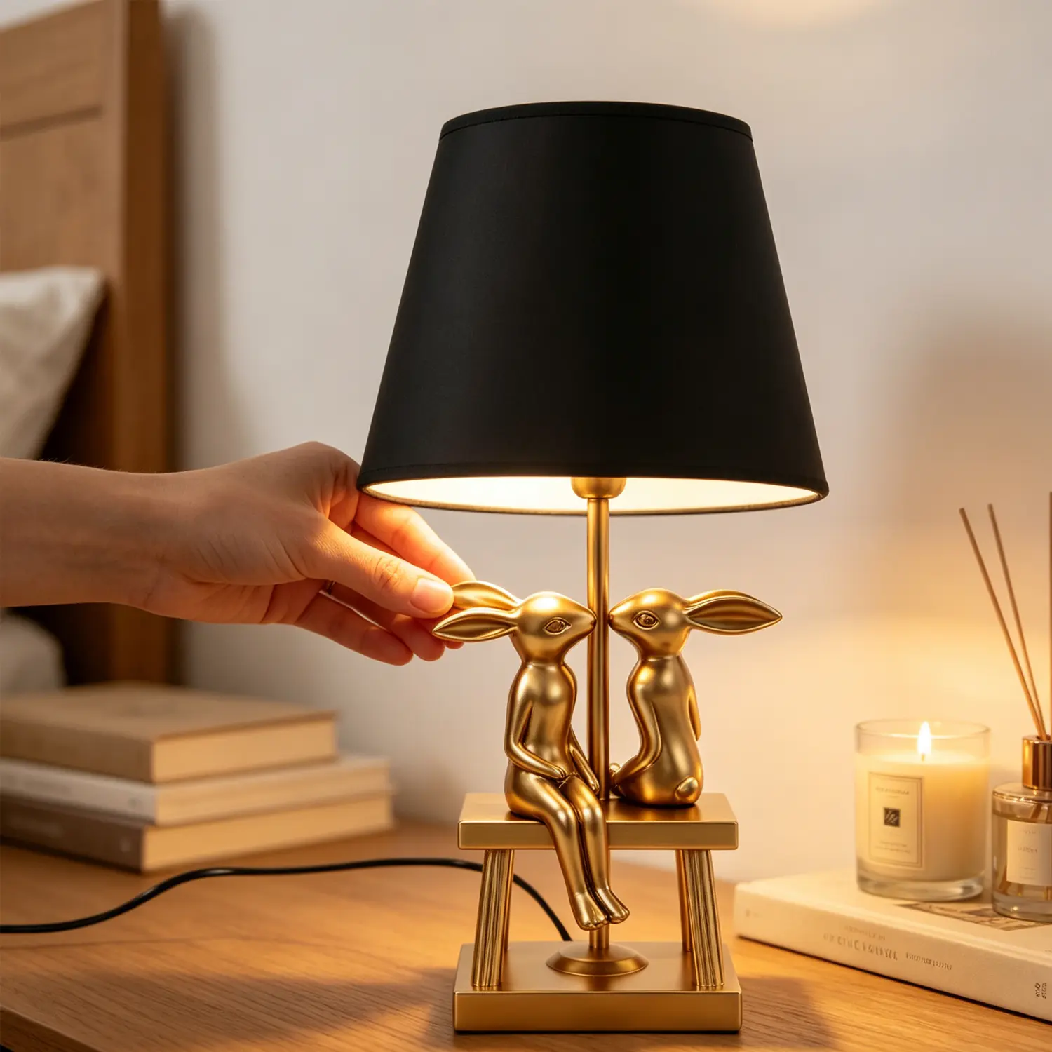 LED Bunny Table Lamp, Resin Animal Rabbit Desk Light with Linen Shade, 16 Inch Decorative Lamp for Bedroom, Office & Kids Room Christmas Gift Suitable for E12 Base (without bulb)