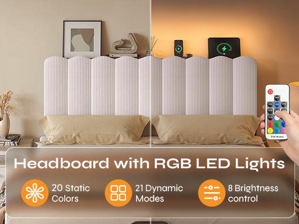 Pinmoco Upholstered Headboard with Storage Shelf, Type-C and USB Charging Station, Modern Beige Striped Velvet【Headboard Only】