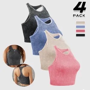 Women's 4-Pack Ribbed Crop Tank Tops Slim Fit Breathable Quick-Dry Activewear for Gym Yoga Running & Everyday Outfits in Black Brown Pink Blue Minimalist Sleeveless Basic Fitness Womenswear
