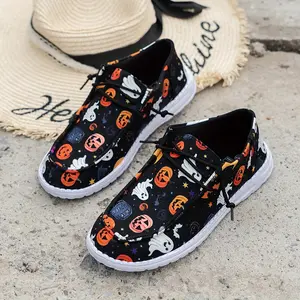 Women's Holiday Style Black Breathable Anti-Slip Loafers with Pumpkin Pattern Casual Slip-On Round Toe Elastic Strap Flat Shoes for Work and Sports Footwear Girl Slipon Parent