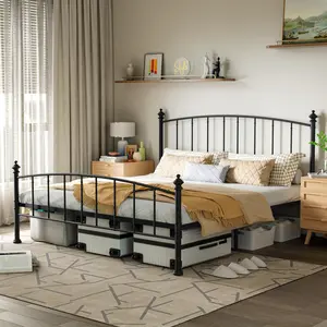 King Size Metal Platform Bed Frame, Victorian Wrought Iron-Art Design,Mattress Foundation with Headboard & Footboard, Under Bed Storage, No Box Spring Needed, Black