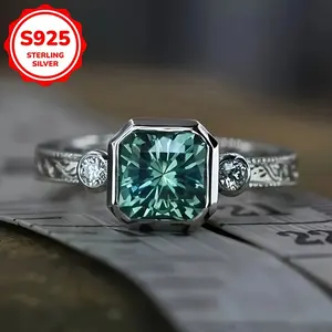 [Pure Silver Square Ring] Pure Silver Square Ring - Inlaid with Synthetic Zirconia, Women's Fashion Daily Wear and Party Accessory