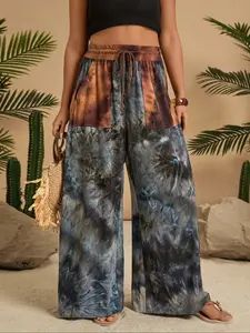 Women's Boho Floral Print Casual Pants, Wide Leg Drawstring Waist, Pockets, Natural Waist, Long Regular Fit, Spring & Fall Fashion