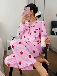 Korean Style Gentle Aesthetic Striped Strawberry Pajamas Set, Loose Fit Slimming Casual Home Wear Two-Piece Suit, Comfortable Sleepwear Loungewear