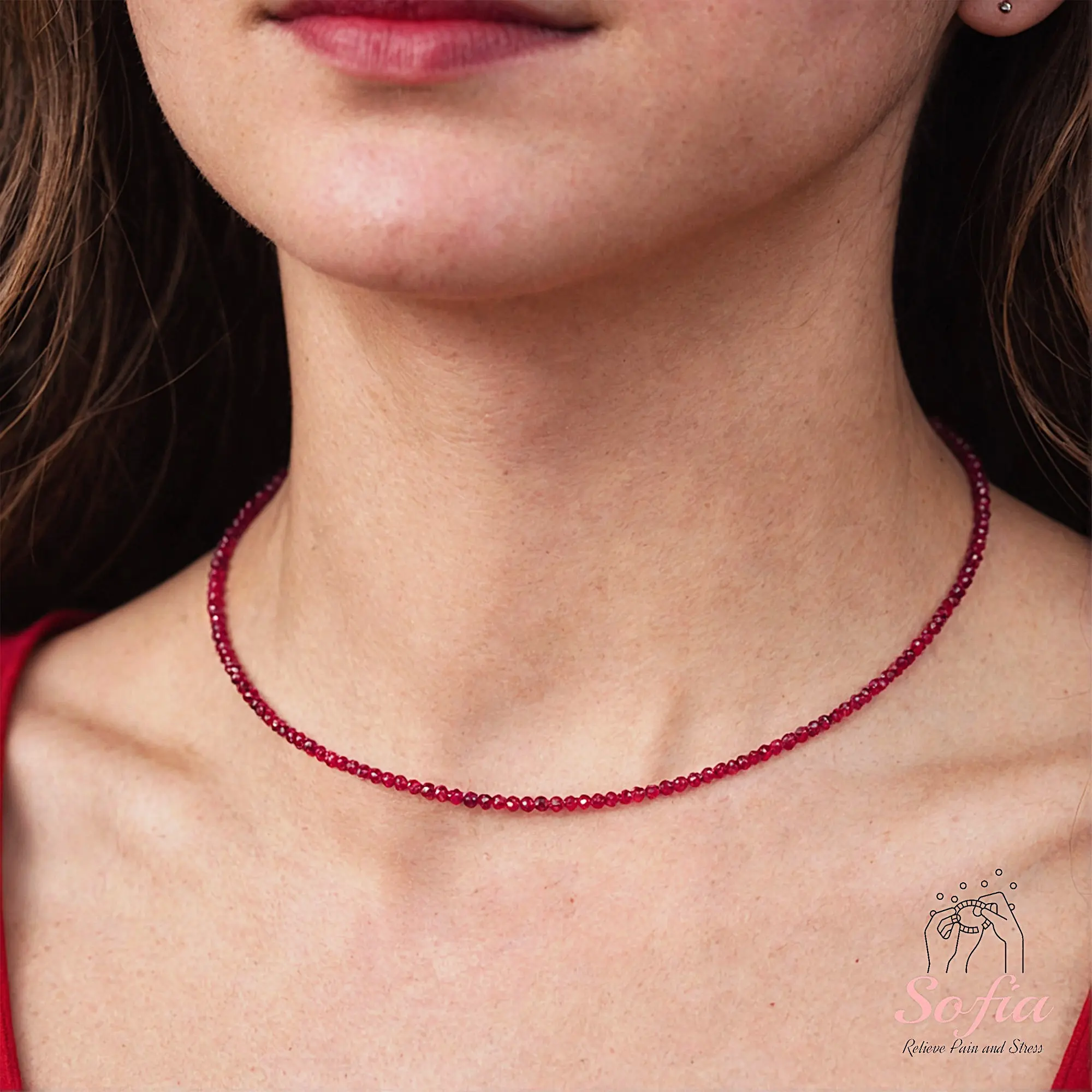 Women's Handmade Adjustable Delicate Red Spinel Beads Choker Necklace - Tiny Dainty Gemstone Waterproof Beaded Choker, Classic Natural Crystal Necklaces & Pendants, Crystal Jewelry Gift, Colored Gemstone Natural Crystal Necklaces & Pendants