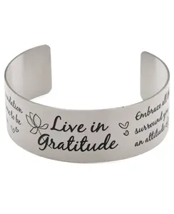 Live in Gratitude Stainless Steel Adjustable Inspirational Cuff Bracelet