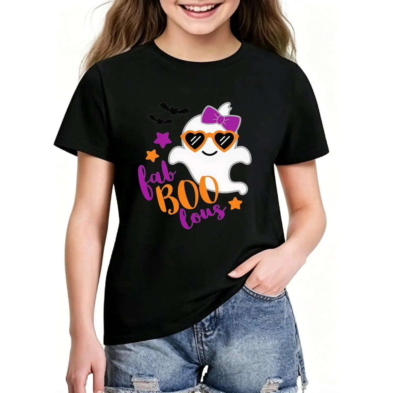 Girls T-shirts Summer Fashion Short Sleeve Top with Boo Glasses Bow Halloween Ghost Cartoon Print Casual Versatile Tee Shirt for Girls