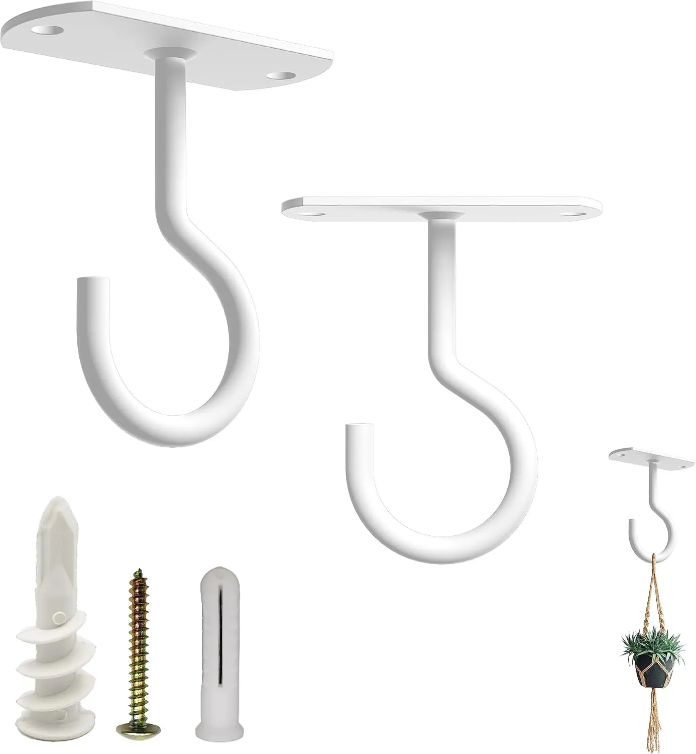 Ceiling Hooks Heavy Duty 2 Pack -  Hooks for Ceiling Hanging Hook for Hanging Basket Hook, Light, Bird Feeders, Wind Chimes Decor Indoor & Outdoor (White, 2.5 Inch 2 Pack)