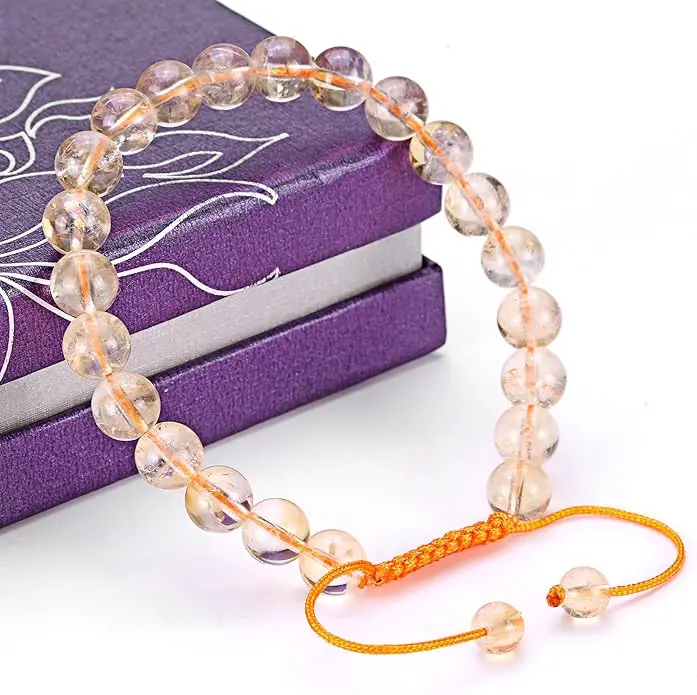 MINDDHA Natural Citrine Crystal Bracelet, Versatile 8mm Bead Chain for Men & Women, Adjustable Macrame Design, 7-9 Inch, Gift Boxed, Natural Crystal Bracelet, Gemstone, Unisex, Unique Gemstones, Bead Bracelets, Crystal Stacking Bracelet