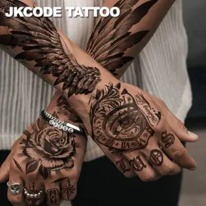 Men Waterproof Arm Tattoo Set, Street Graffiti Design, Large Wing Pattern, Crown Clock Rose Motif, Cool Style Hand Neck Head Tattoos, Temporary Tattoo