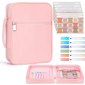 Bible Cover Case, Standard Size Bible Bag Organizer Tote with Handle & Zippered Pockets, Leather Bible Carrying Case with Tabs & Highlighters, Classic Christian Gift for Ladies and Men