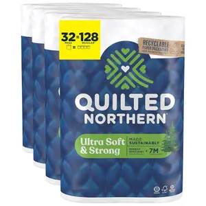 Quilted Northern Ultra Soft & Strong Toilet Paper, 32 Mega Rolls = 128 Regular Rolls, 5X Stronger*, Premium Soft Toilet Tissue with Recyclable Paper Packaging