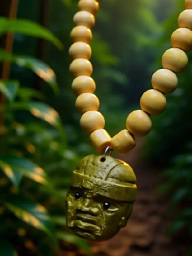 OLMEC Necklace 19-inch Suede Leather with Knotted Adjustments Large Natural Wooden Beads & Intricately Carved Metallic Pendant