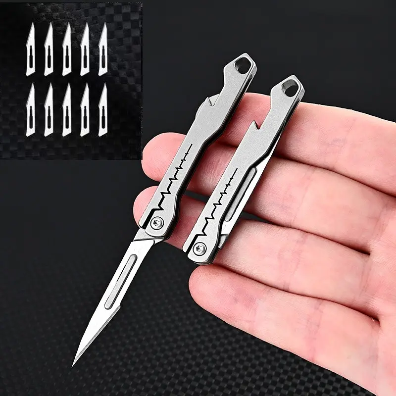 Titanium Alloy Mini Folding Knife with Bottle Opener, Sharp Craft Knife, Replaceable Blade, Outdoor Keychain, Pocket Knife, Multi Use Knives