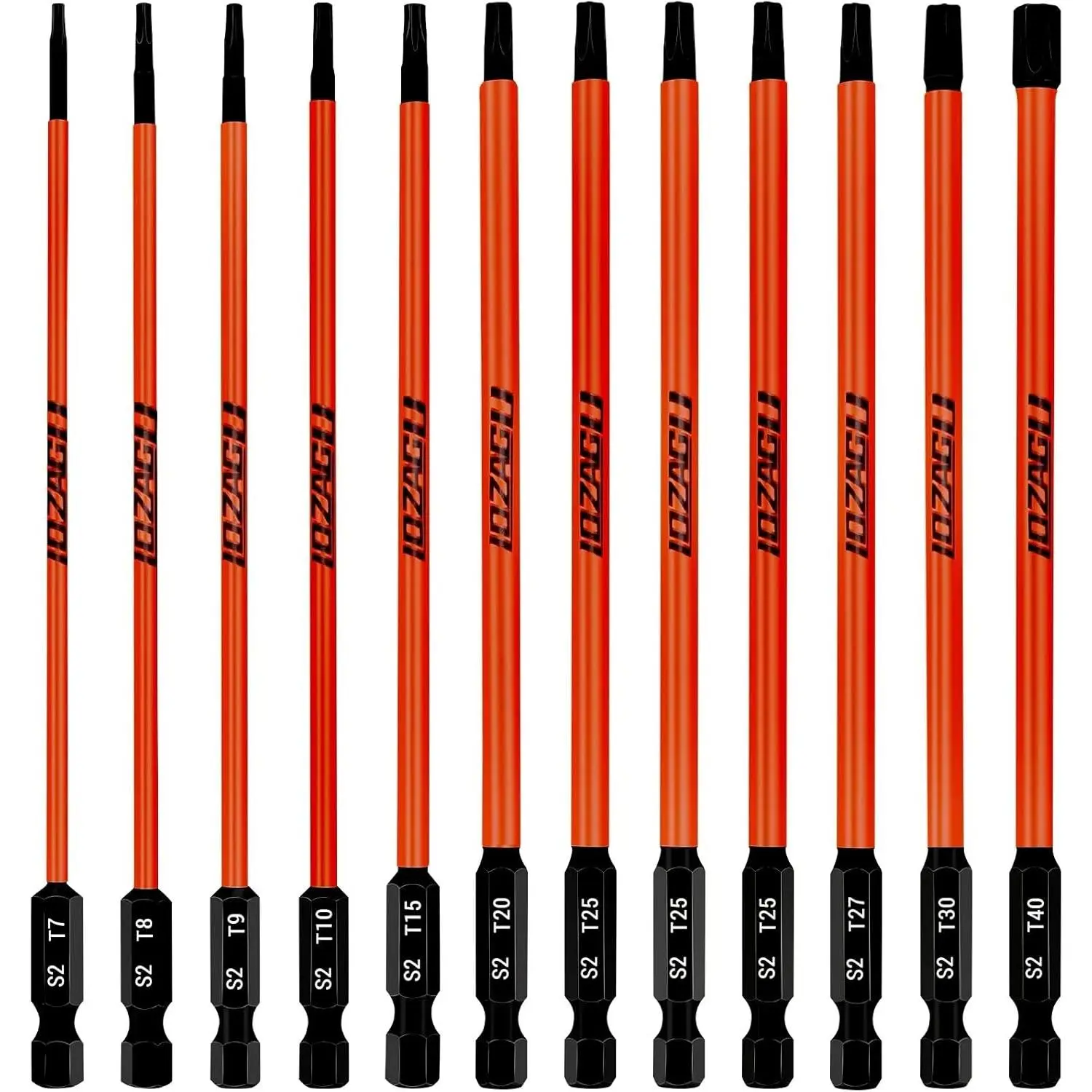 12 count Long Torx Bit Set 6-Inch (152mm), T7 to T40,   Tamper Proof Star Bit Set,1/4 Inch Hex Shank | S2 Steel