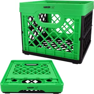 Folding Stackable Storage Bin, Grn, 6 Gallon - Dimensions: 13" x 13" x 11" - Milk Crate - Capacity: 50 lbs - Heavy Duty Plastic Collapsible Crate for Sporting Goods, Toys, Pool Toys, Files