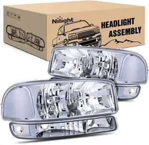 Nilight Headlight Assembly Compatible for 1999 2000 2001 2002 2003 2004 2005 2006 GMC Sierra Yukon, Chrome Housing Clear Corner Clear Lens, Headlights Assembly Replacement