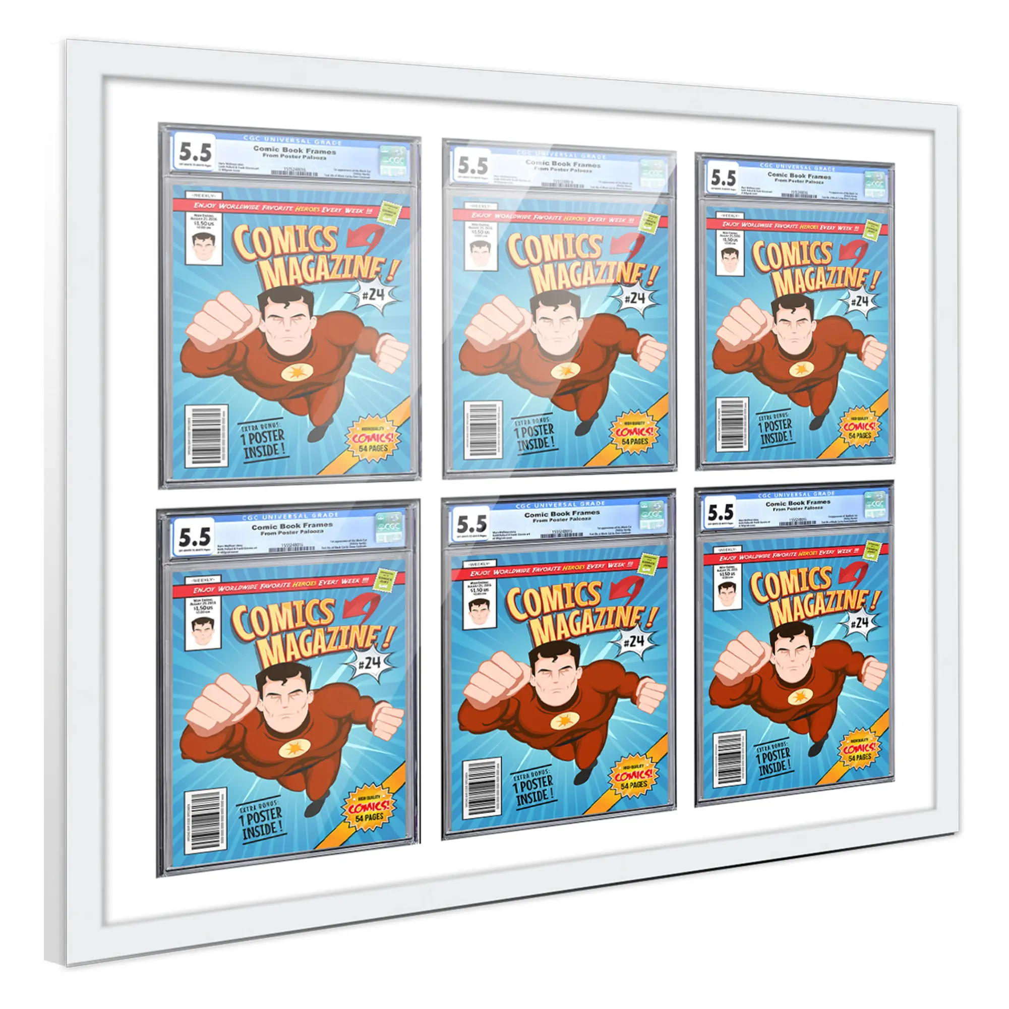 Comic Book Frame with Mat for 6 Graded Comics - White Wood Comic Frame With White Mat for 8.125x13 Comics - 30x30 Frame Size