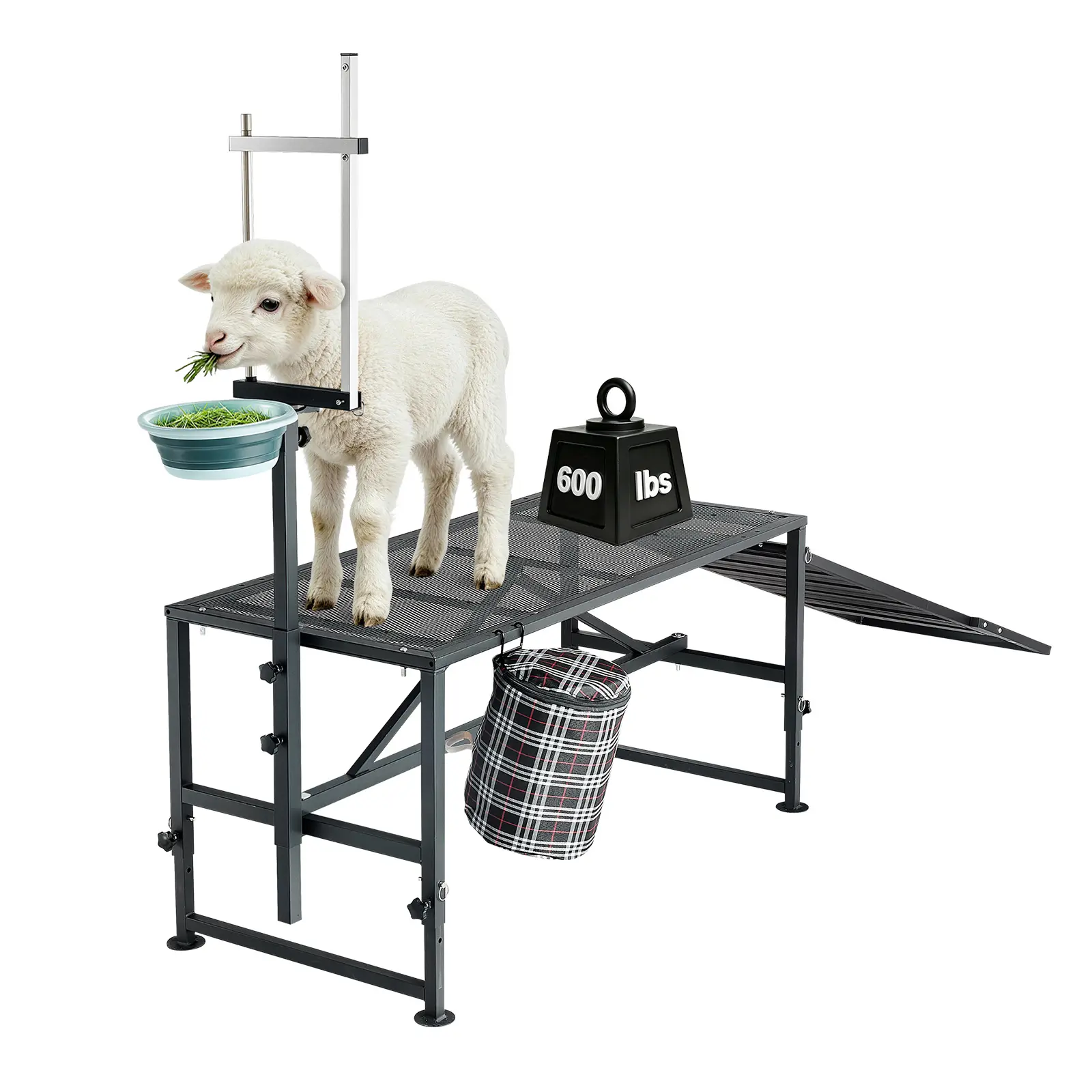 【SummerFinds】VEVOR Heavy Duty Goat Milking Stand - 600 lbs Capacity Metallic Steel Frame Milking Support with Ramp, Feed Bin, Adjustable Headpiece & Height, Tool Basket, Oxford Fabric Details, 22 lbs Load Add-On, All-Season Goat Daily Care Stanchion, Shee