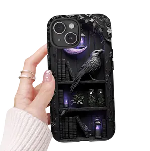Gothic Bookshelf Magsafe Tough Phone Case – Raven, Skulls and Purple Floral Design, Spooky Dark Academia Bookish Cover, Creepy Cute Halloween Protector, Unique Literary Phone Accessory Gift Idea - IP 11, 12, 13, 14, 15, 16 All Model series