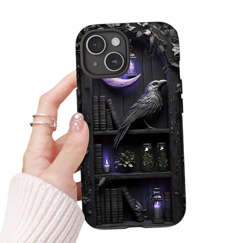 Gothic Bookshelf Magsafe Tough Phone Case – Raven, Skulls and Purple Floral Design, Spooky Dark Academia Bookish Cover, Creepy Cute Halloween Protector, Unique Literary Phone Accessory Gift Idea - IP 11, 12, 13, 14, 15, 16 All Model series