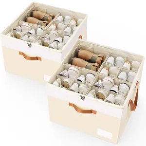 Criusia 2-Pack Shoe Holder Organiser Boxes with Adjustable Dividers, Clear Cover, Closet Storage Bin for Sneakers, Boots (Fits 16-32 Pairs)