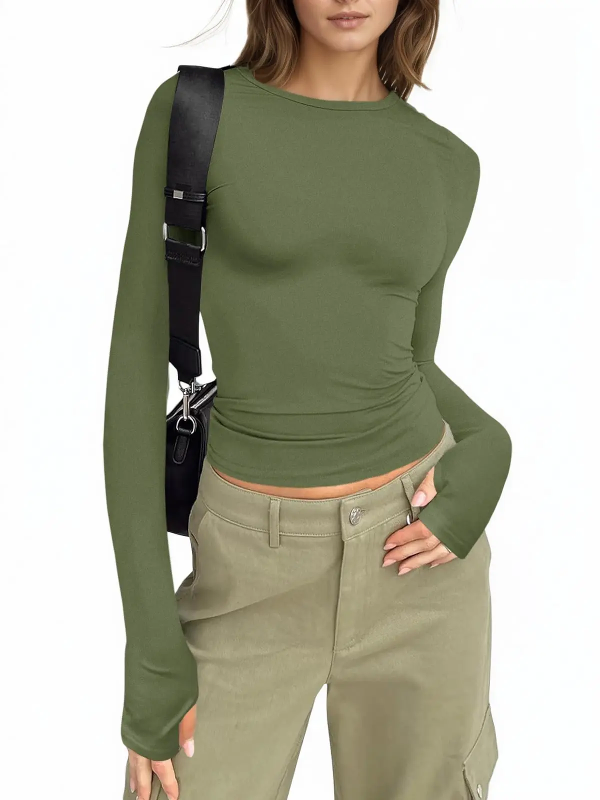 FISOEW Athletic Gym Shirts for Women, Crewneck Long Sleeve Dry Fit Pullover with Thumb Holes for Yoga & Running