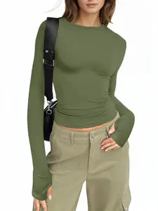 Fisoew Women's Fitted Crew Neck Long Sleeve Basic Fall T-Shirt with Thumb Holes, Fitness Training Clothes, Gym Sportswear for Yoga, Running