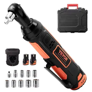 fathersdaygift VEVOR 3/8 Cordless Electric Ratchet Wrench Set, 12V 33 Ft-lbs Power Ratchet Tool Kit, 45-Min Fast Charge, 2-Pack 2.0Ah Battery, Built-in LED Light, Variable Speed Trigger, 10 Sockets