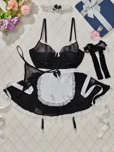 Plus Size Lace Sleepwear Set Lingerie, Sexy Maid, Mesh Patchwork Lace Trim, Tank Dress & Thong & Apron, Includes Stockings and Neck Circle