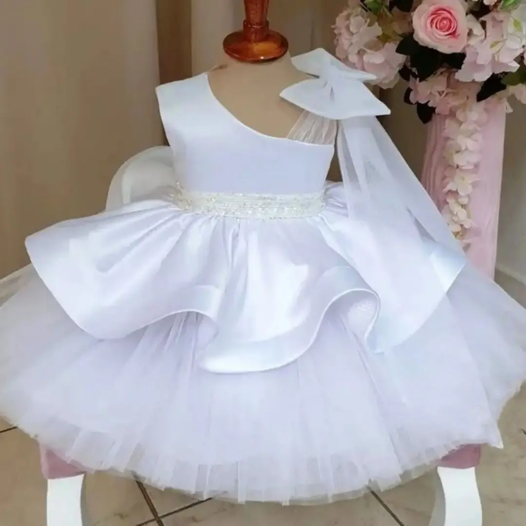 Girl's 117 Sloping Shoulders Princess Dress - Toddler Party Dress, Beads & Bow, Birthday Wear, Midi Length, Baptism & Wedding Occasion Outfit, Princess Look