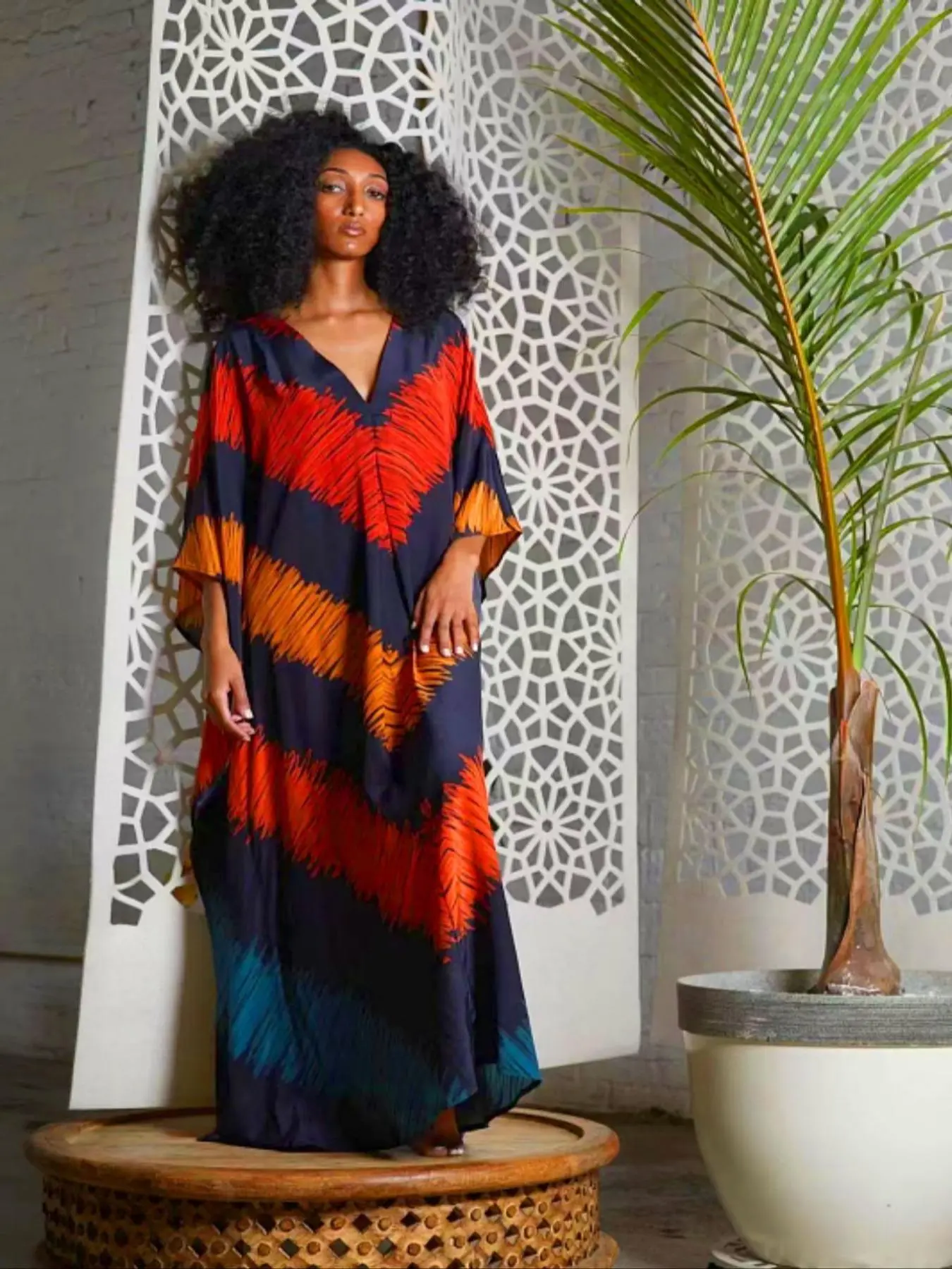 Plus Size Striped Print Tie Dye Ethnic Pattern Kaftan Dress, Boho Batwing Sleeve Split Hem Dress for Summer Beach Holiday Vacation, Women's Clothes for Daily Wear