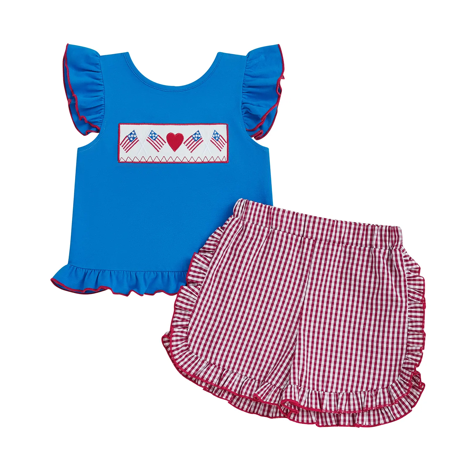 Baby Girl 4th of July 2-Piece Outfit, Elastane Fly-Sleeve Smocked T-Shirt, Plaid Ruffle Shorts for 12-18 Months Summer Toddlers