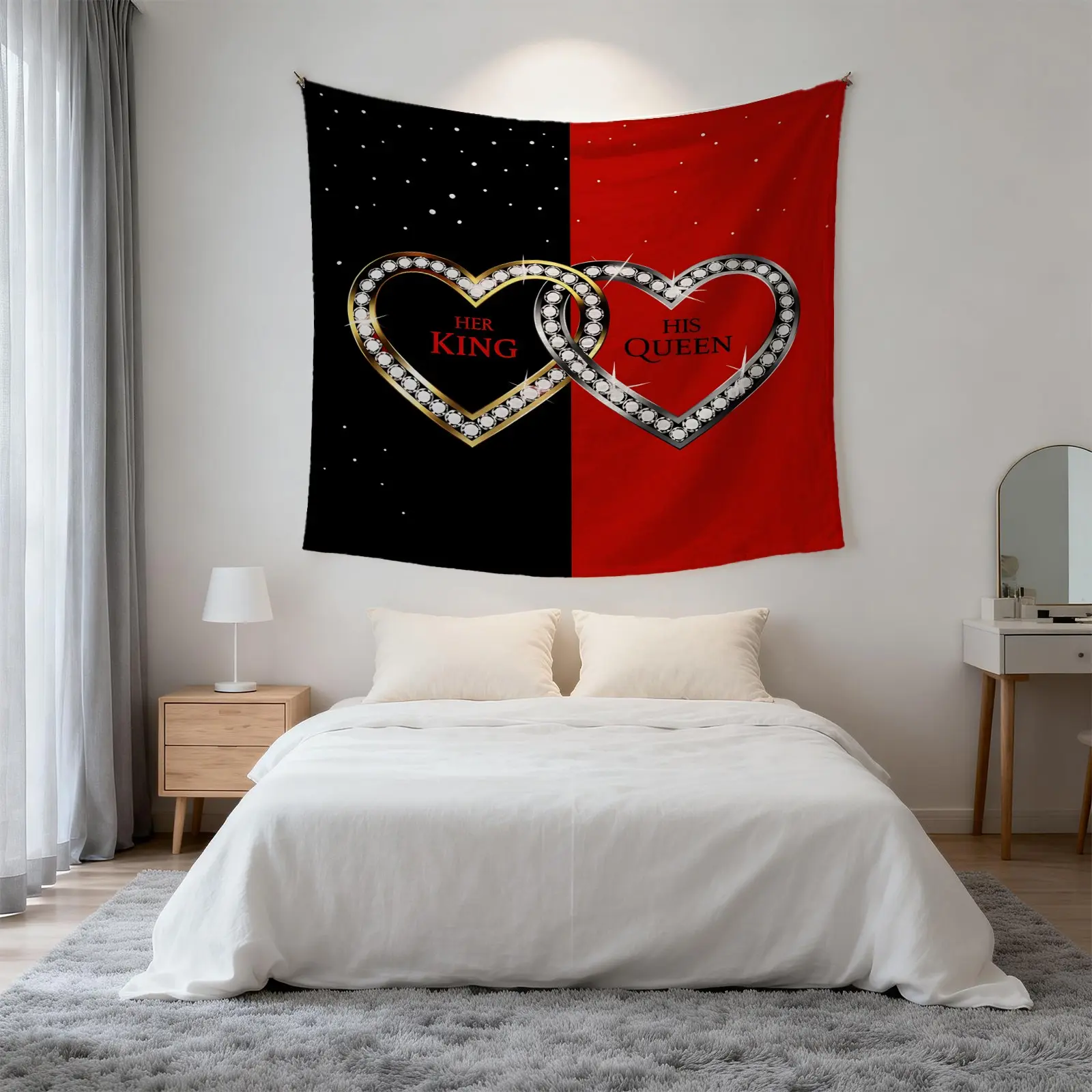 Her King His Queen Couple Heart Printed Tapestry Cover Wall Defects Low Cost Renovate Romantic Couple Bedroom Background Wall