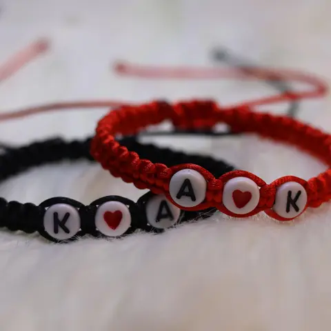 Unisex Pair Fashion Matching Bracelet Set - Red-Black Braided, Custom Letters, Interlocking Hearts Charm, Adjustable Fabric, Matching BF and GF Jewelry, Daily Wear, Romantic Gifts for Girlfriend, Anniversary Present