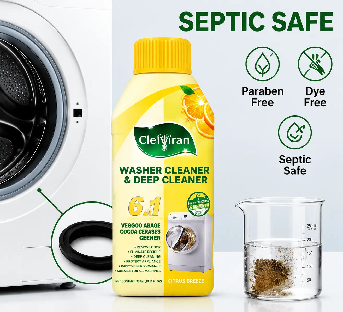 Clelviran Universal Washing Machine Cleaner - 6-in-1 Liquid Descaling Solution to Restore Appliance Performance & Freshness