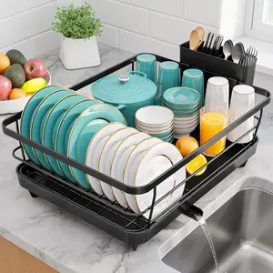 Steel Dish Drying Rack for Kitchen Counter, Sink Organization and Storage Essentials with Silverware & Utensil Holder, Home and Apartment Decor, 12''W x 15.5''L, Black ﻿