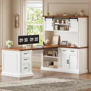 SEDETA 67" Farmhouse L Shaped Desk with Hutch, Executive Home Office Desks with 4 Drawers & Storage Cabinet, Corner Computer Desk with Sliding Doors, File Drawer & Power Outlet