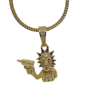 New 14K VVS CZ Cartoon Rick & Morty Pendant Paired With 20 Inch Franco Chain Golden