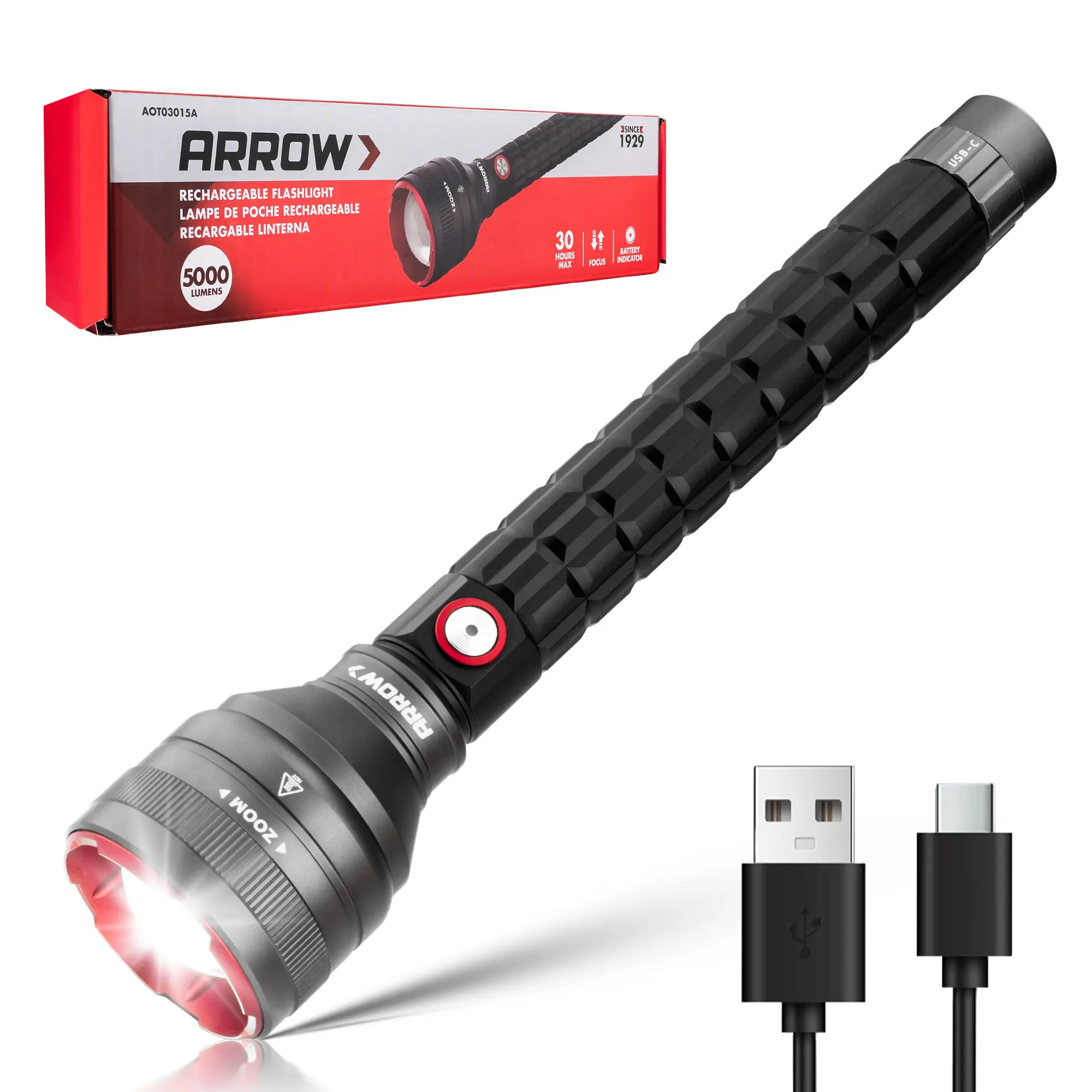 #backtoschool ARROW Rechargeable Flashlights 5000 Lumens, 5 Modes Bright LED Flashlight with Memory Function and ECO Mode, Zoomable Flash Light with 2*2600mAh Battery, USB-C Charging for Repair, Outdoor & Emergency