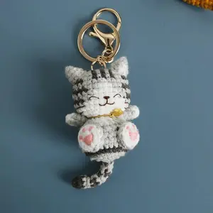 Handmaking Crochet Kitten Keyrings Cute Smiling Cat Doll Crochet Keychain Cartoon Kitten Series Knitting Doll Keychain Custom