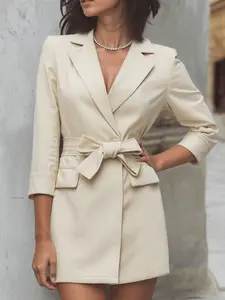 A women's mid-length, belted, bow-tie, single-breasted, mock-pocket design, elegant, chic, fitted, camel-colored blazer suitable for spring and autumn, suitable for daily commuting, light business and other occasions, Womenswear
