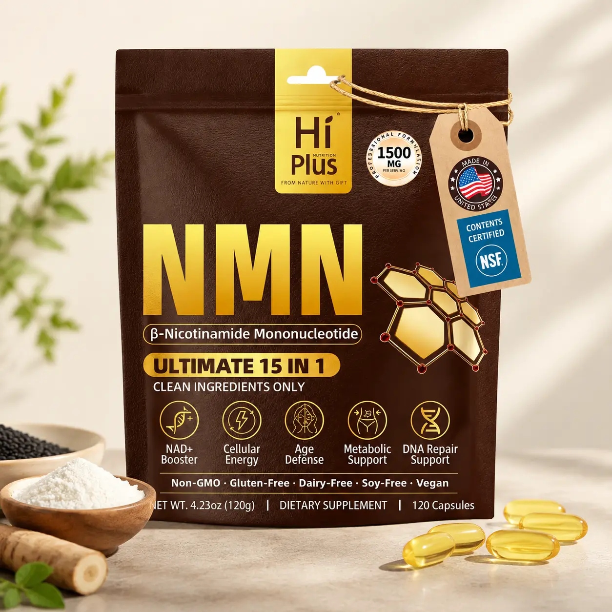 HiPlus NMN Complex Dietary Nutritional Supplement - 1500mg Per Serving, 15-1 Formula, 500mg NMN, Vitamin C, TMG, CoQ10 Antioxidant Support