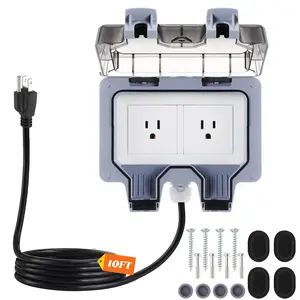 Outdoor Outlet Box with 10ft Extension Cord, Dual 15 AMP 5-15 Receptacles Weatherproof Waterproof IP66 Outdoor Exterior Socket with Cover, 14 AWG/3C SJTW Cord