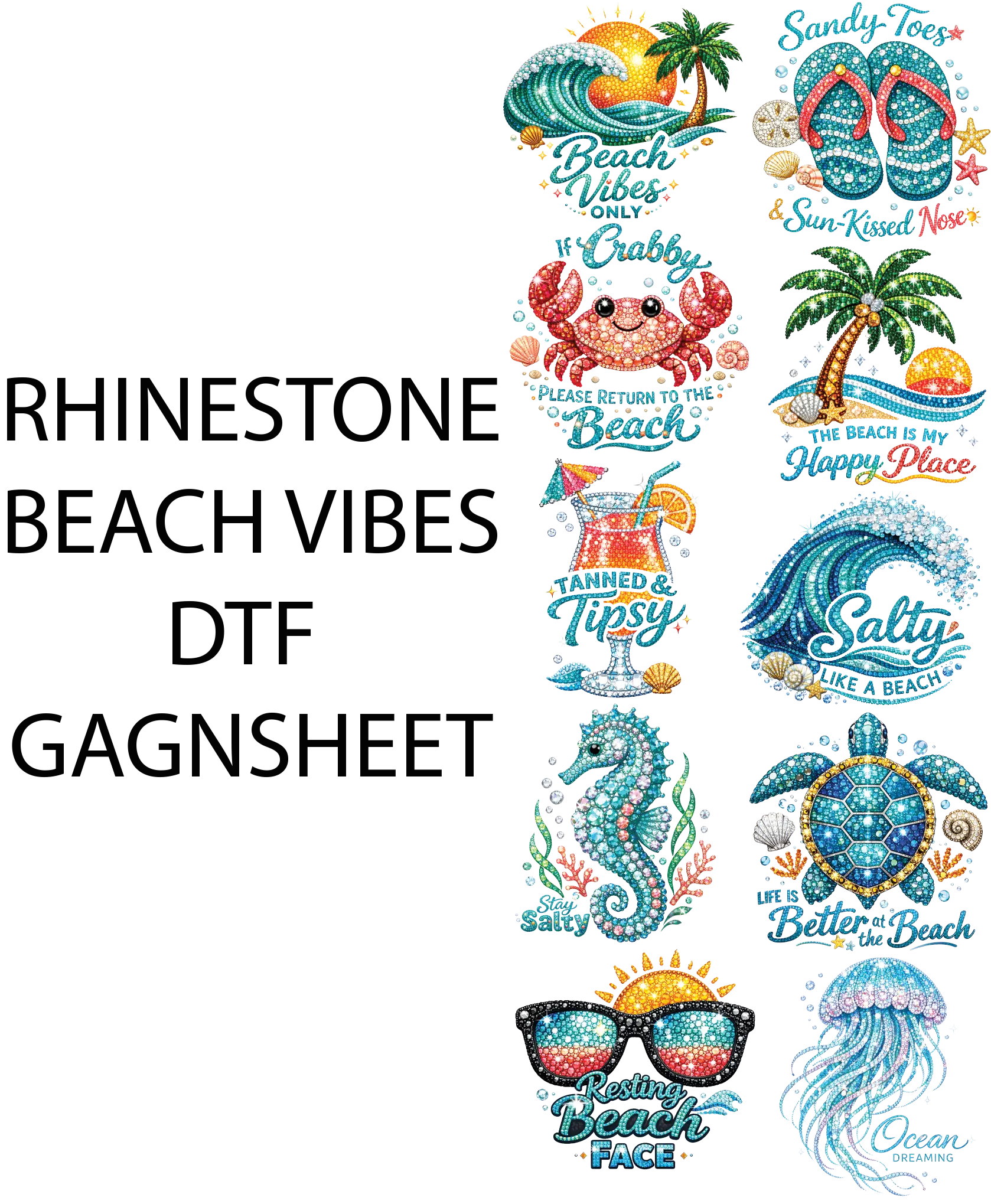 RHINESTONE BEACH VIBES DTF GANGSHEET FOR SHIRTMAKING RHINESTONE BEACH VIBES DTF GANGSHEET FOR SHIRTMAKING