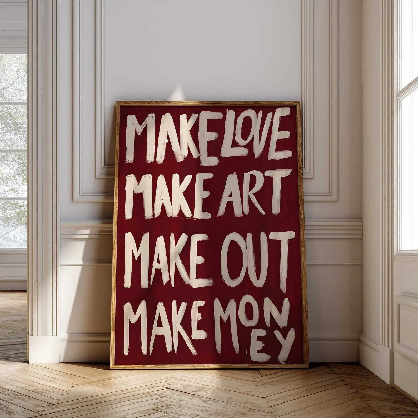 Make Love Make Art Make Out Make Money Poster, Red Typography Wall Art Print, Bold Quote Poster, Statement Art, Maximalist Dorm Room Decor
