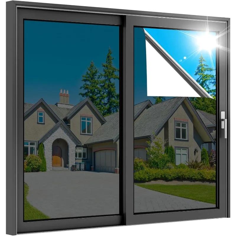 One Way Mirror Window Film - See Out Not In Daytime Privacy Tint, Heat Control UV Protection Static Cling Glass Cover for Home Office