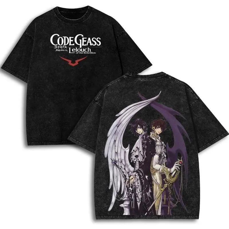 Men's Round Neck Code Geass Lelouch Suzaku 2-Sided Washed Cotton T-Shirt - Black Menswear, Angel Devil Vintage Anime Streetwear, Casual Distressed Figure-Design Short-Sleeve Top