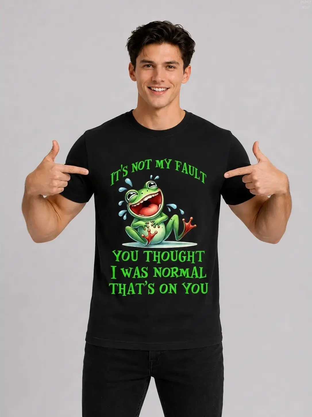 Funny Frog T-Shirt for Men & Women - "It'S Not My Fault You Thought I Was Normal" Slogan with Smiling Green Frog & Poison Dart Design,  Soft Crewneck Retro Graphic Tee, Casual Regular Fit Black Shirt with Vibrant Green Print